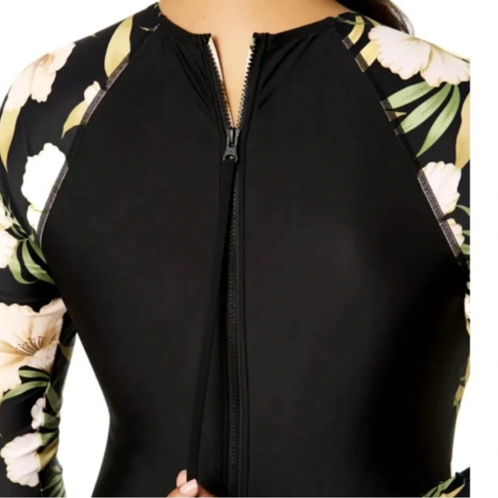 Hurley Black Floral Long Sleeve Rash Guard Swimsuit